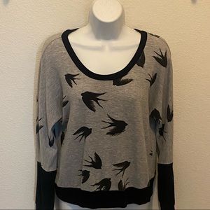 Gray and Black Bird Print Women's Top